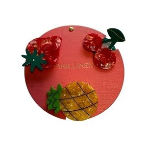 NWT Pink Linen Fruit Hair Claw Clip Set: Strawberry Cherry Pineapple Rhinestones